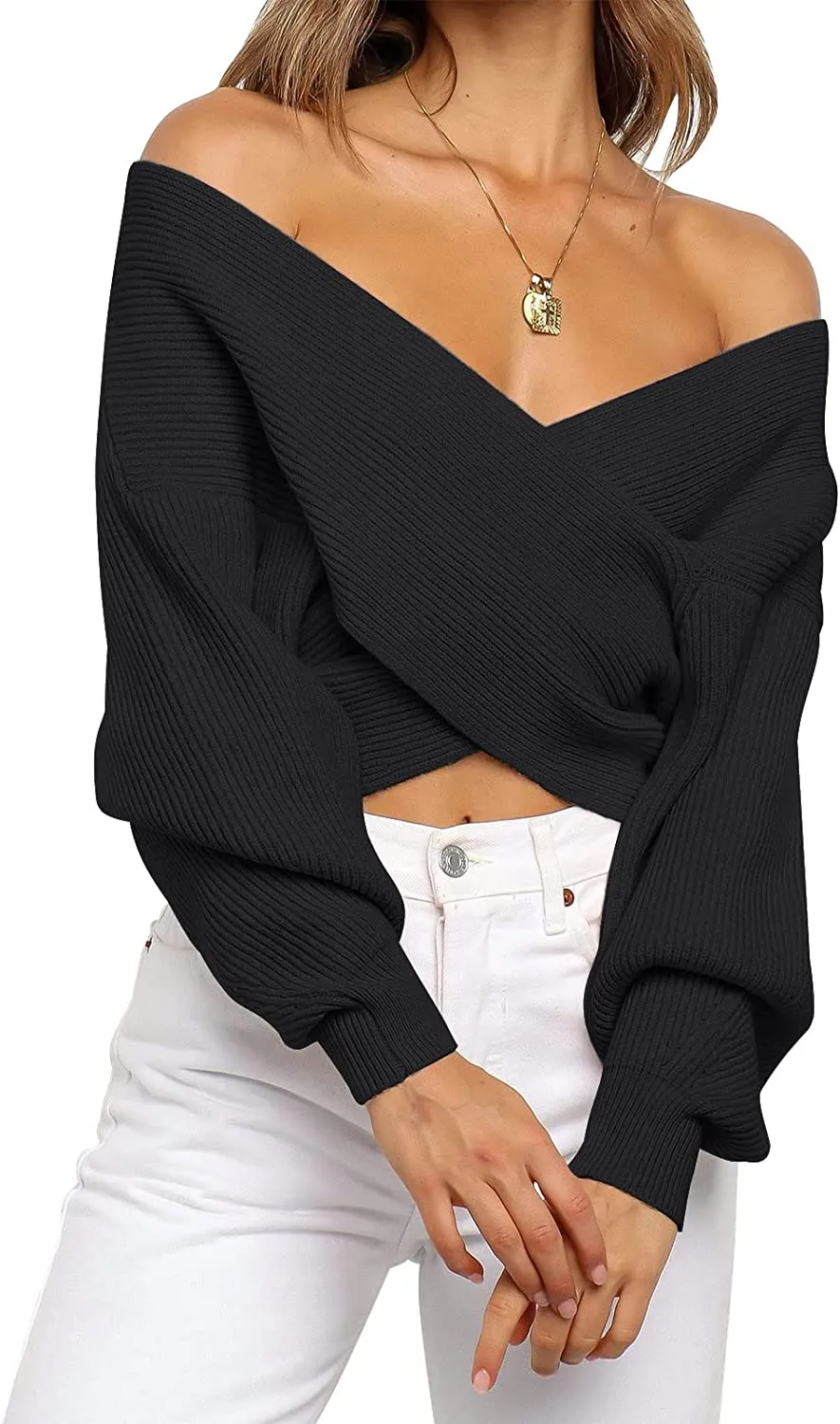 FashionSierra - Women's Long Sleeve Wrap Casual Off Shoulder Crop Knitted Pullover Sweater