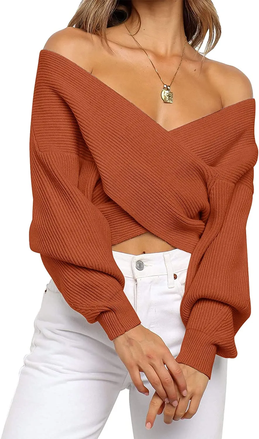 FashionSierra - Women's Long Sleeve Wrap Casual Off Shoulder Crop Knitted Pullover Sweater