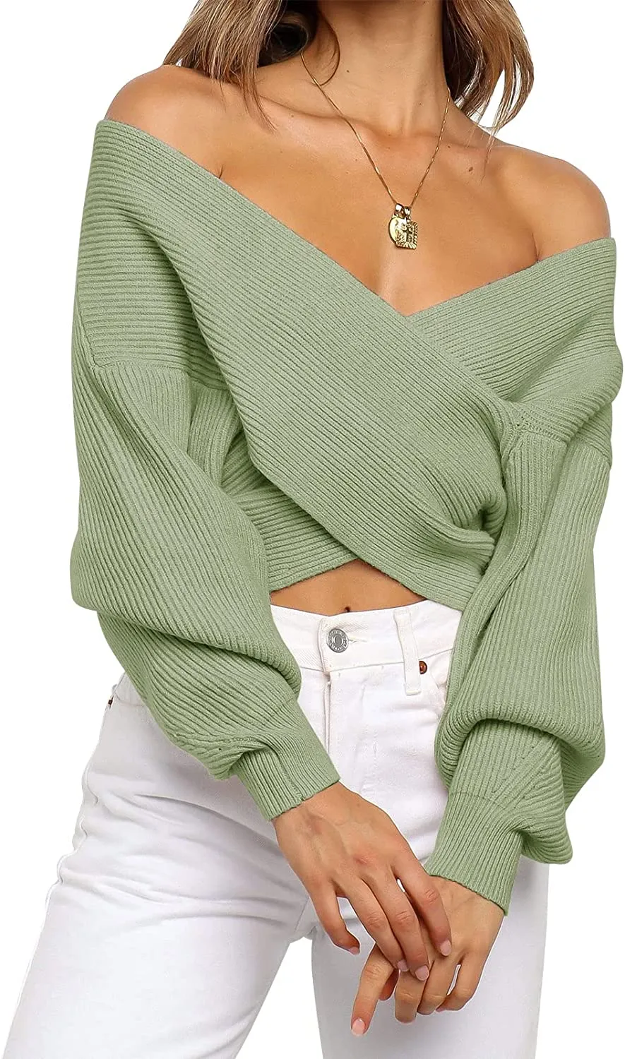 FashionSierra - Women's Long Sleeve Wrap Casual Off Shoulder Crop Knitted Pullover Sweater