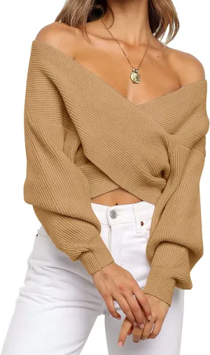 FashionSierra - Women's Long Sleeve Wrap Casual Off Shoulder Crop Knitted Pullover Sweater