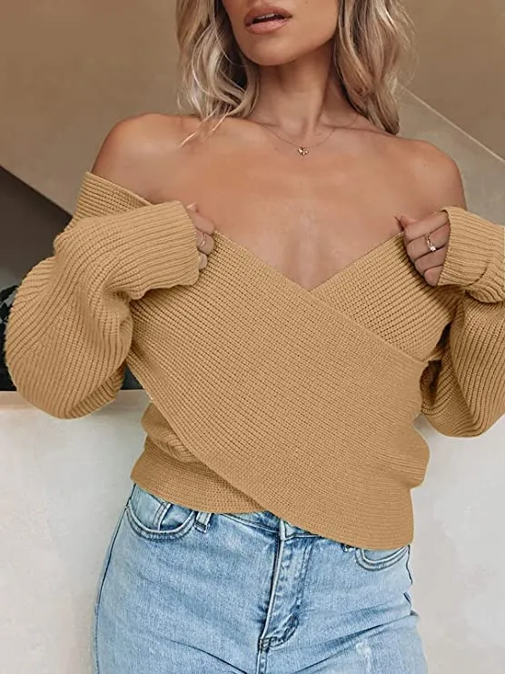 FashionSierra - Women's Long Sleeve Wrap Casual Off Shoulder Crop Knitted Pullover Sweater