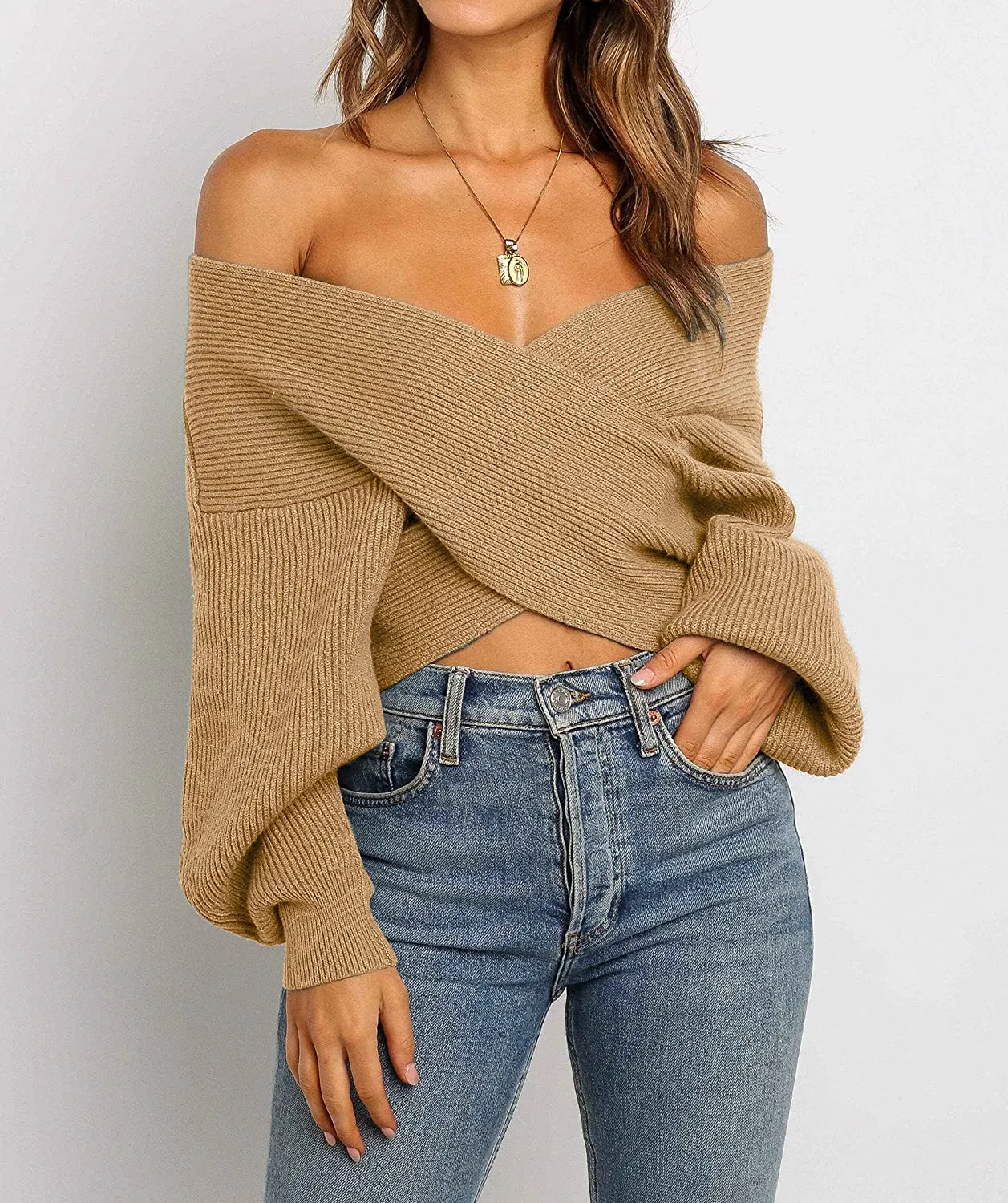 FashionSierra - Women's Long Sleeve Wrap Casual Off Shoulder Crop Knitted Pullover Sweater