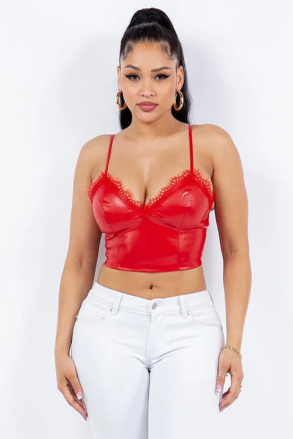 Faux Leather Crop Top W/ Eyelash Trim