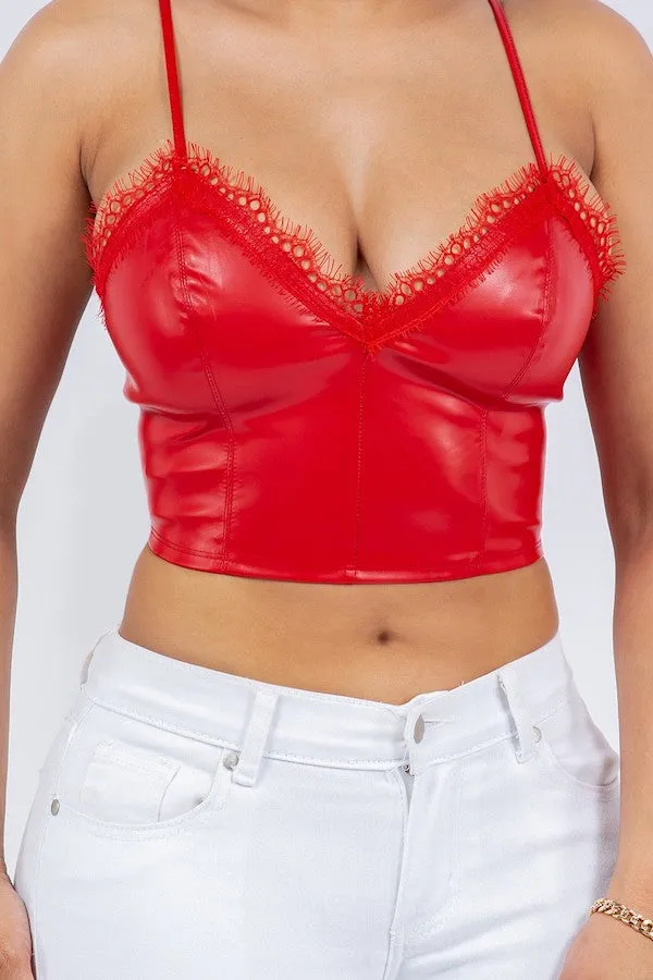 Faux Leather Crop Top W/ Eyelash Trim