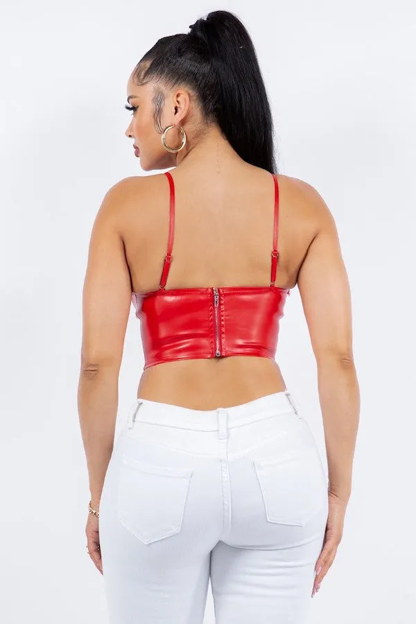 Faux Leather Crop Top W/ Eyelash Trim