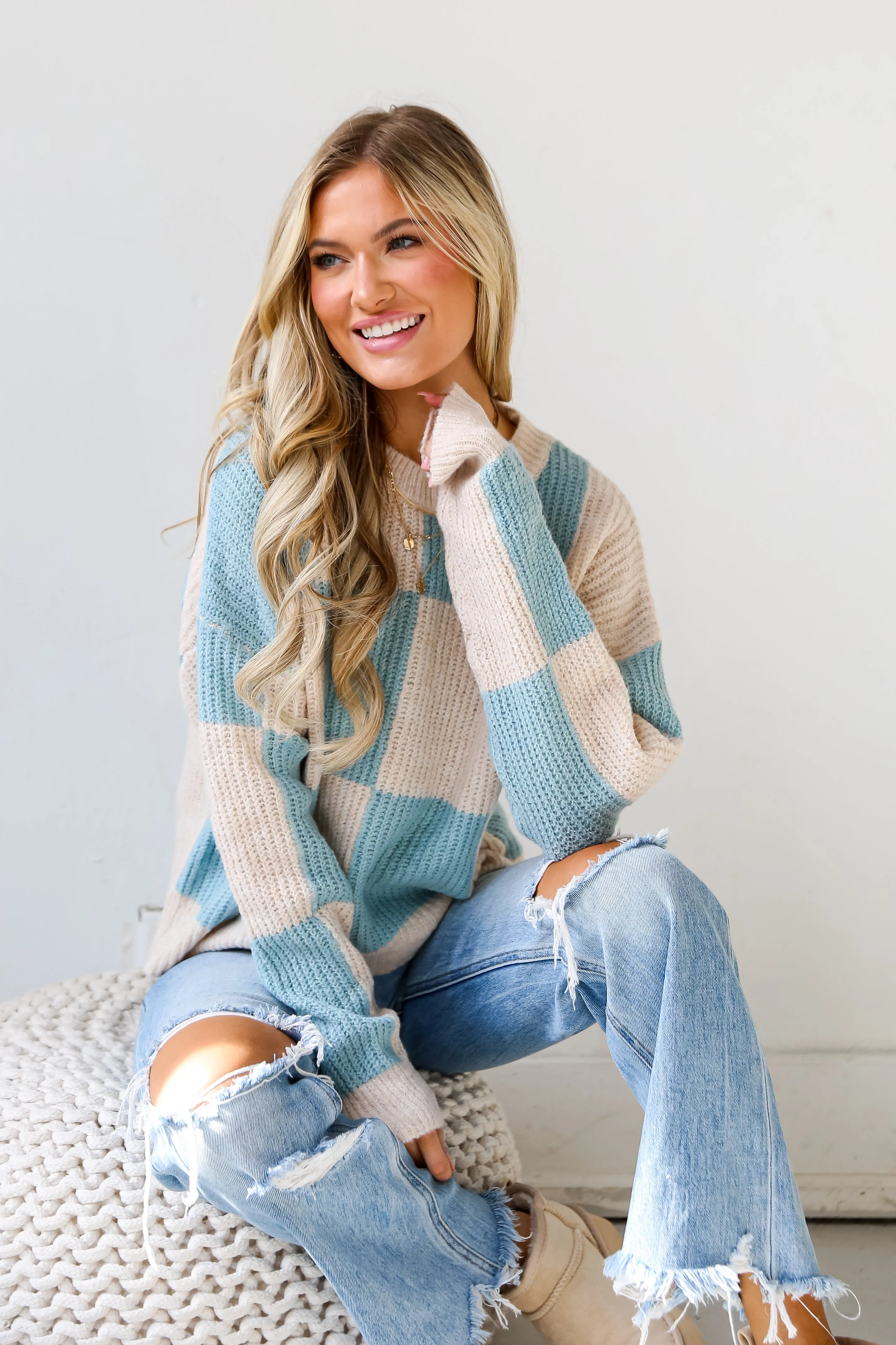 FINAL SALE - Cuddly Darling Light Blue Checkered Sweater