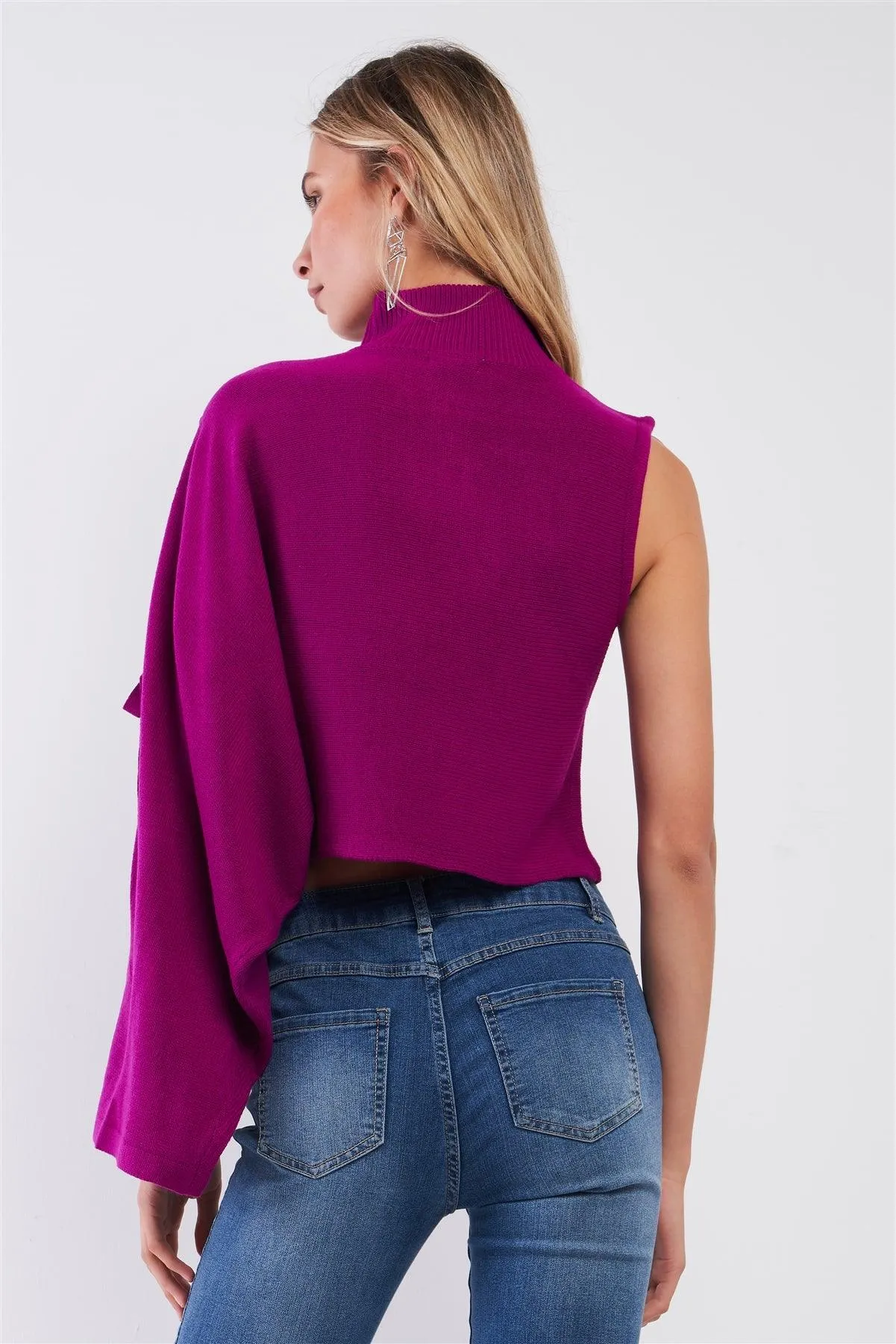 Fuchsia One-Shoulder Turtle Neck Bat Sleeve With Slit Cropped Sweaters /1-2-1