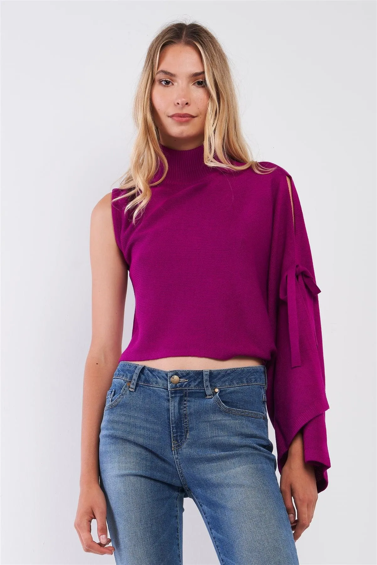 Fuchsia One-Shoulder Turtle Neck Bat Sleeve With Slit Cropped Sweaters /3-2-1