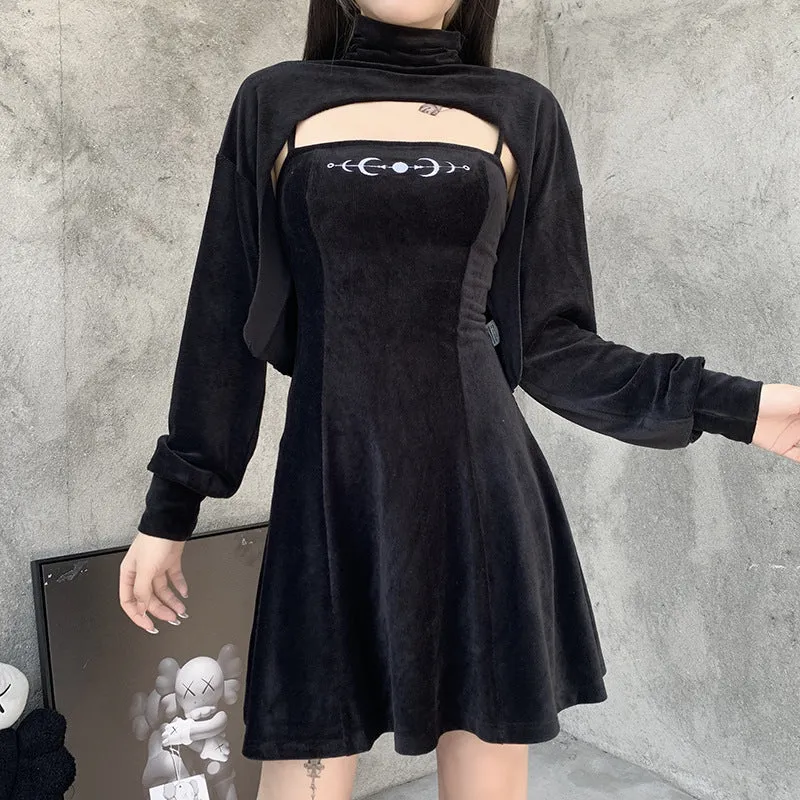 Gothic grunge high collar shoulder cape BF sweater sling embroidered knitted corduroy dress set