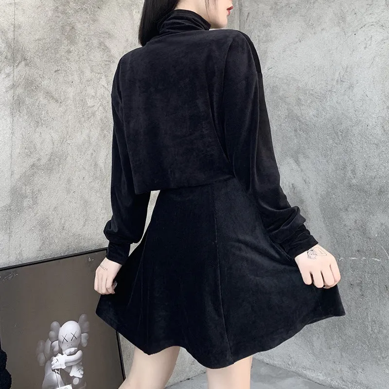 Gothic grunge high collar shoulder cape BF sweater sling embroidered knitted corduroy dress set