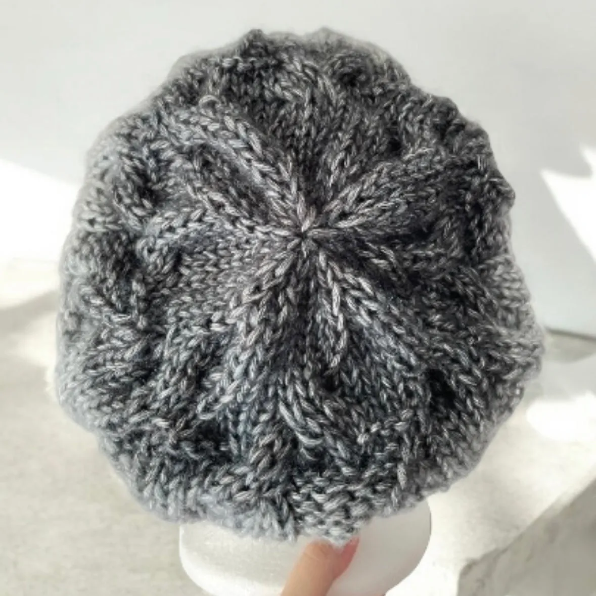 Handknit Cable Beanie | Knit Beret | Slouchy Hat in ombre grey and black | Knit beanie in monochrome tonal | Fluffy and cozy winter hat