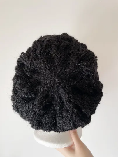 Handknit Cable Slouchy Beanie | Knit Beret | Slouchy Hat in black colour| Knit beanie fluffy alpaca cozy winter hat