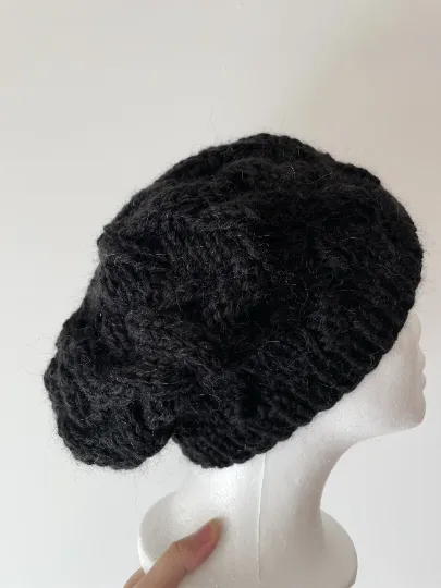 Handknit Cable Slouchy Beanie | Knit Beret | Slouchy Hat in black colour| Knit beanie fluffy alpaca cozy winter hat