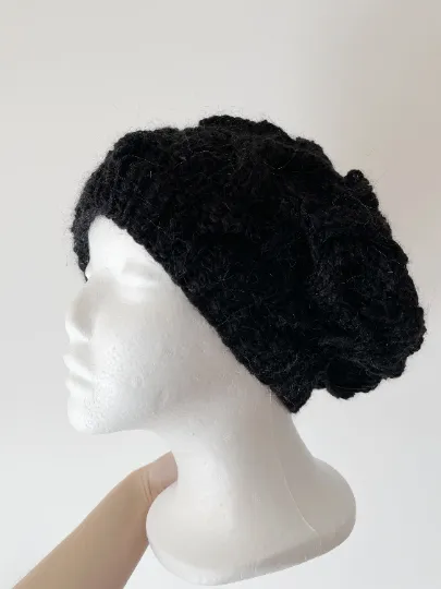 Handknit Cable Slouchy Beanie | Knit Beret | Slouchy Hat in black colour| Knit beanie fluffy alpaca cozy winter hat