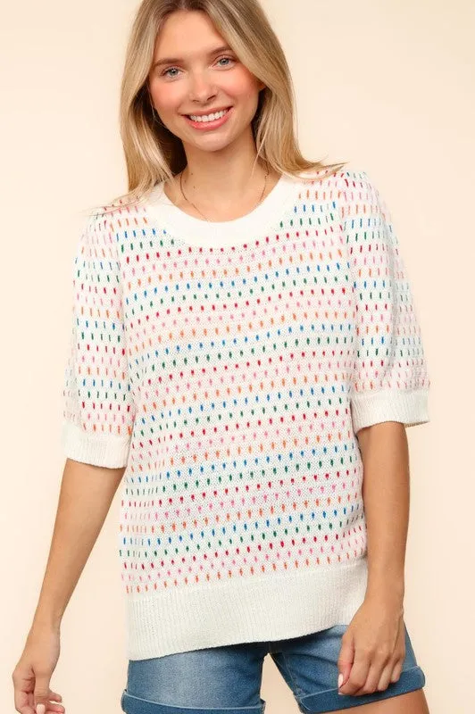 Haptics Round Neck Half Sleeve Multi Color Knit Top