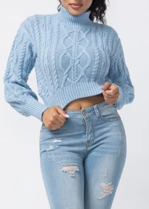 Hera Collection Turtle Neck Crop Cable Sweater (Baby Blue) 22574