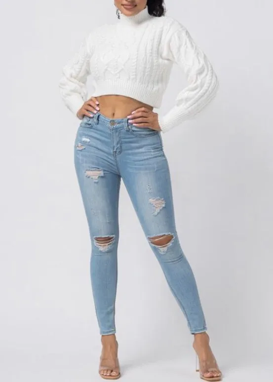 Hera Collection Turtle Neck Crop Cable Sweater (Cream) 22574