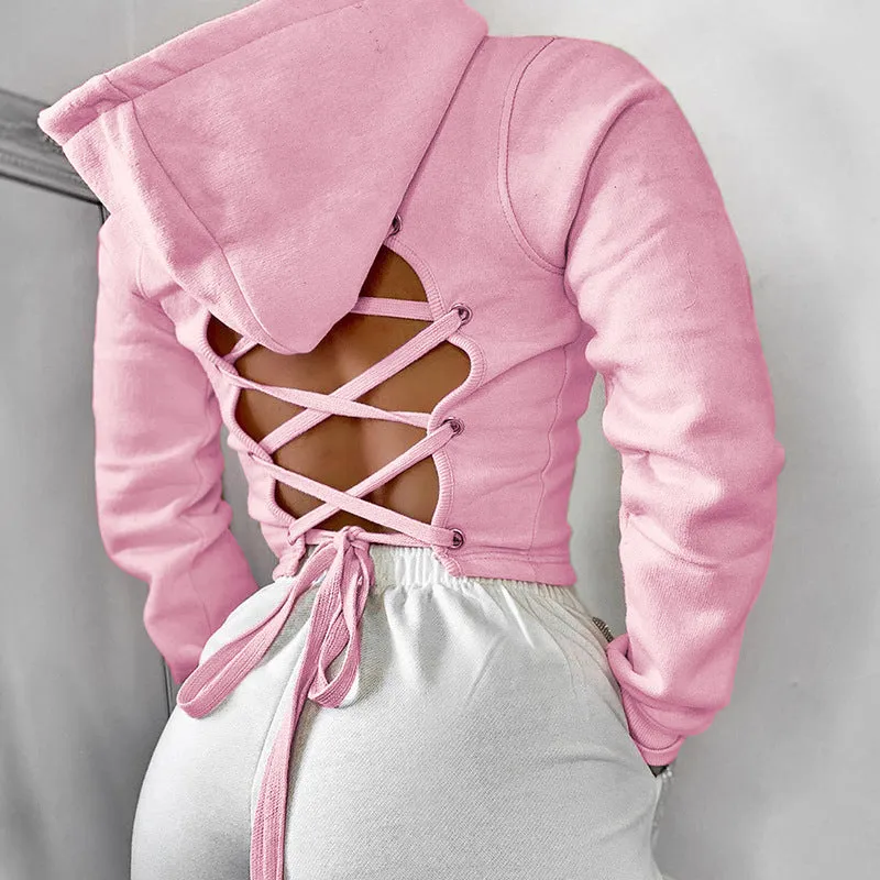 hollowcut back european hoodie drawstring crop top women pullover lace up jacket