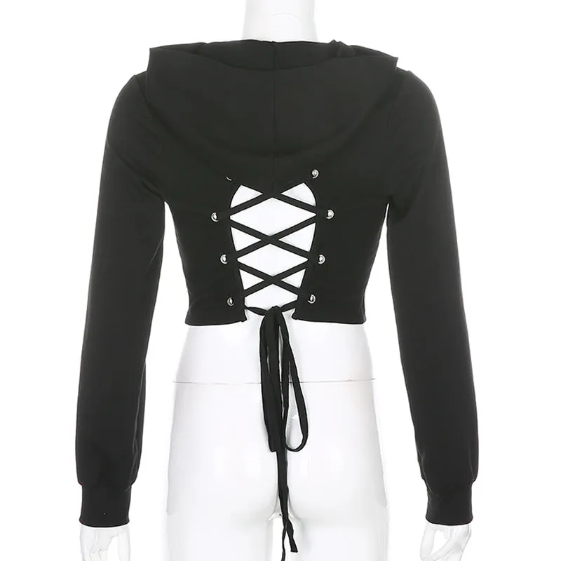 hollowcut back european hoodie drawstring crop top women pullover lace up jacket