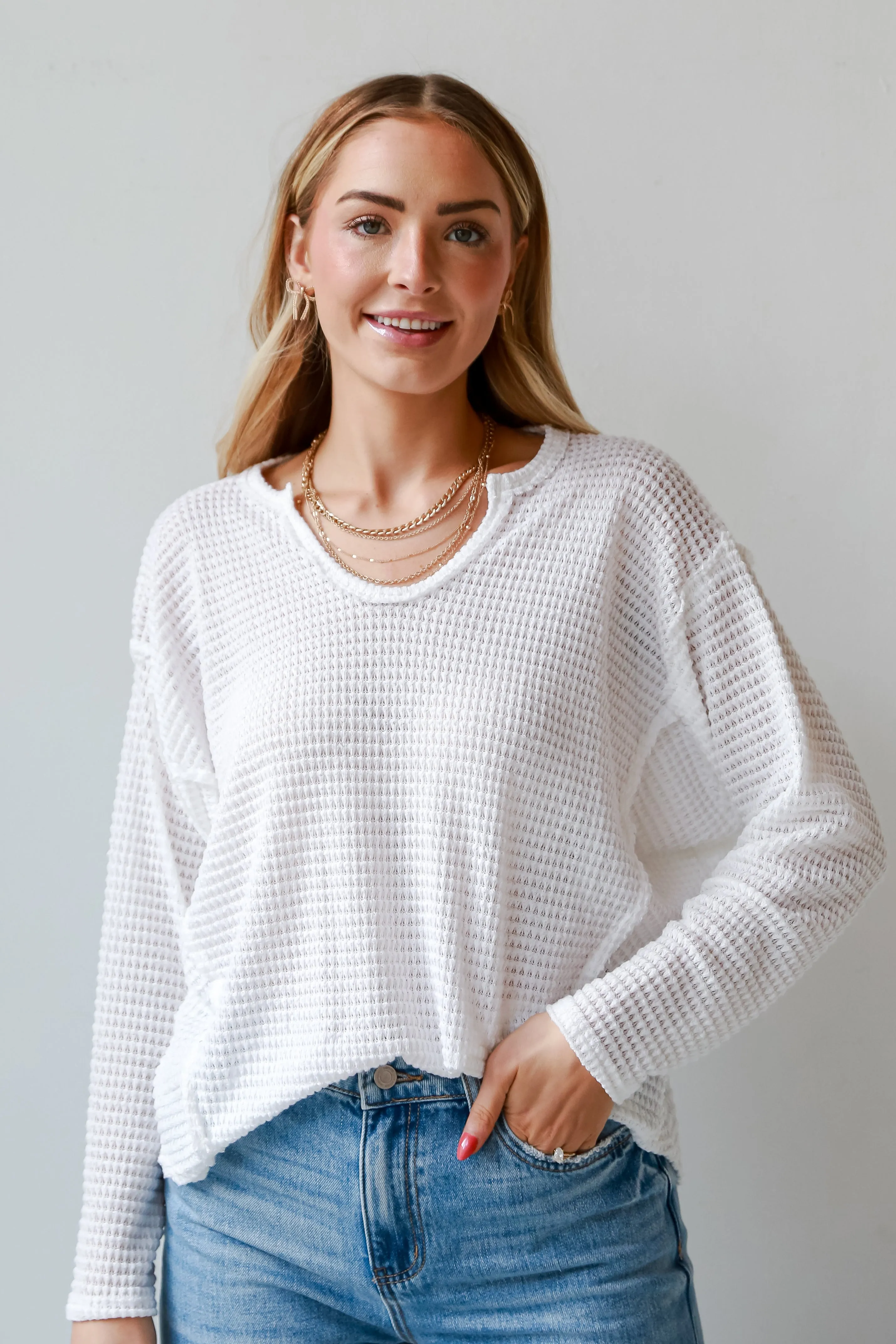 Isabella White Waffle Knit Top - DOORBUSTER