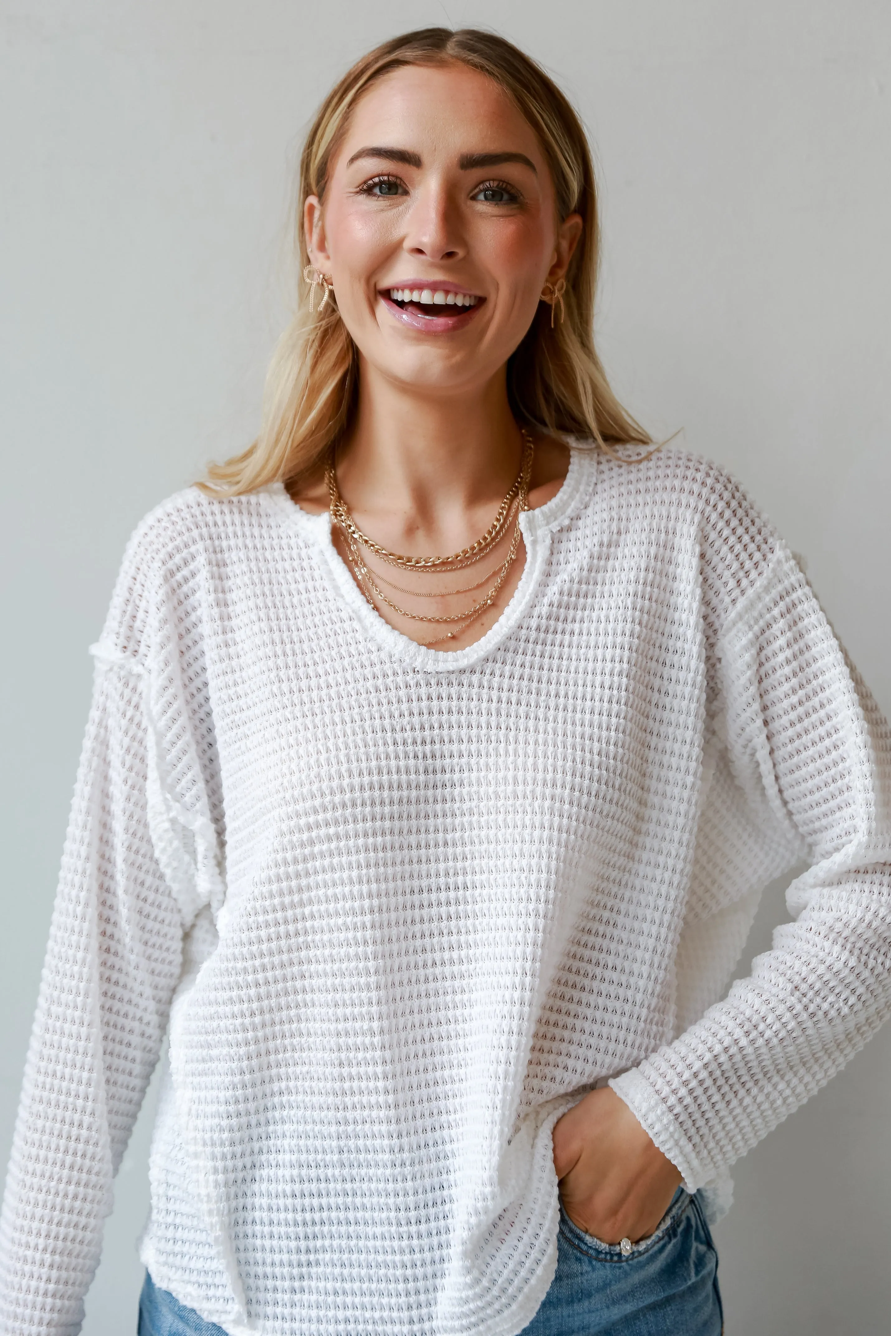 Isabella White Waffle Knit Top - DOORBUSTER