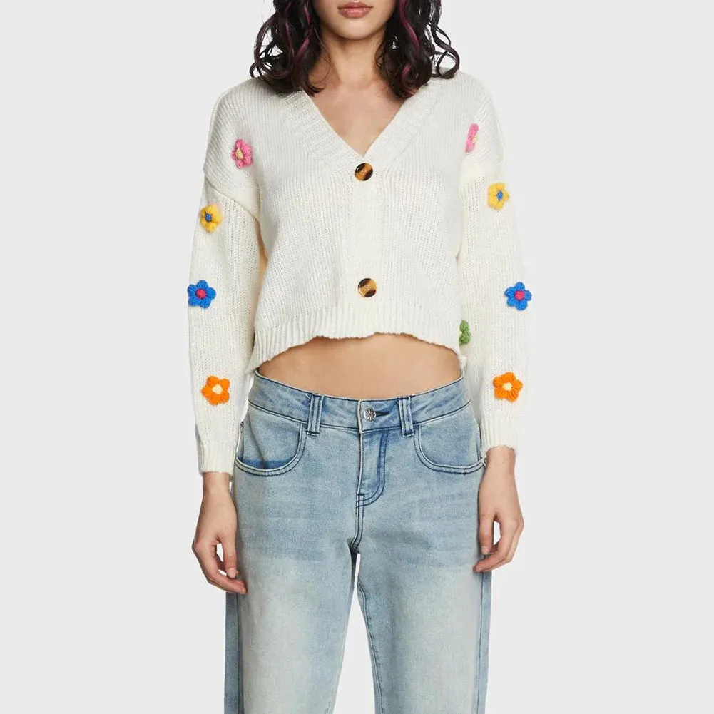 Knit Cochet Floral Cropped Cardigan