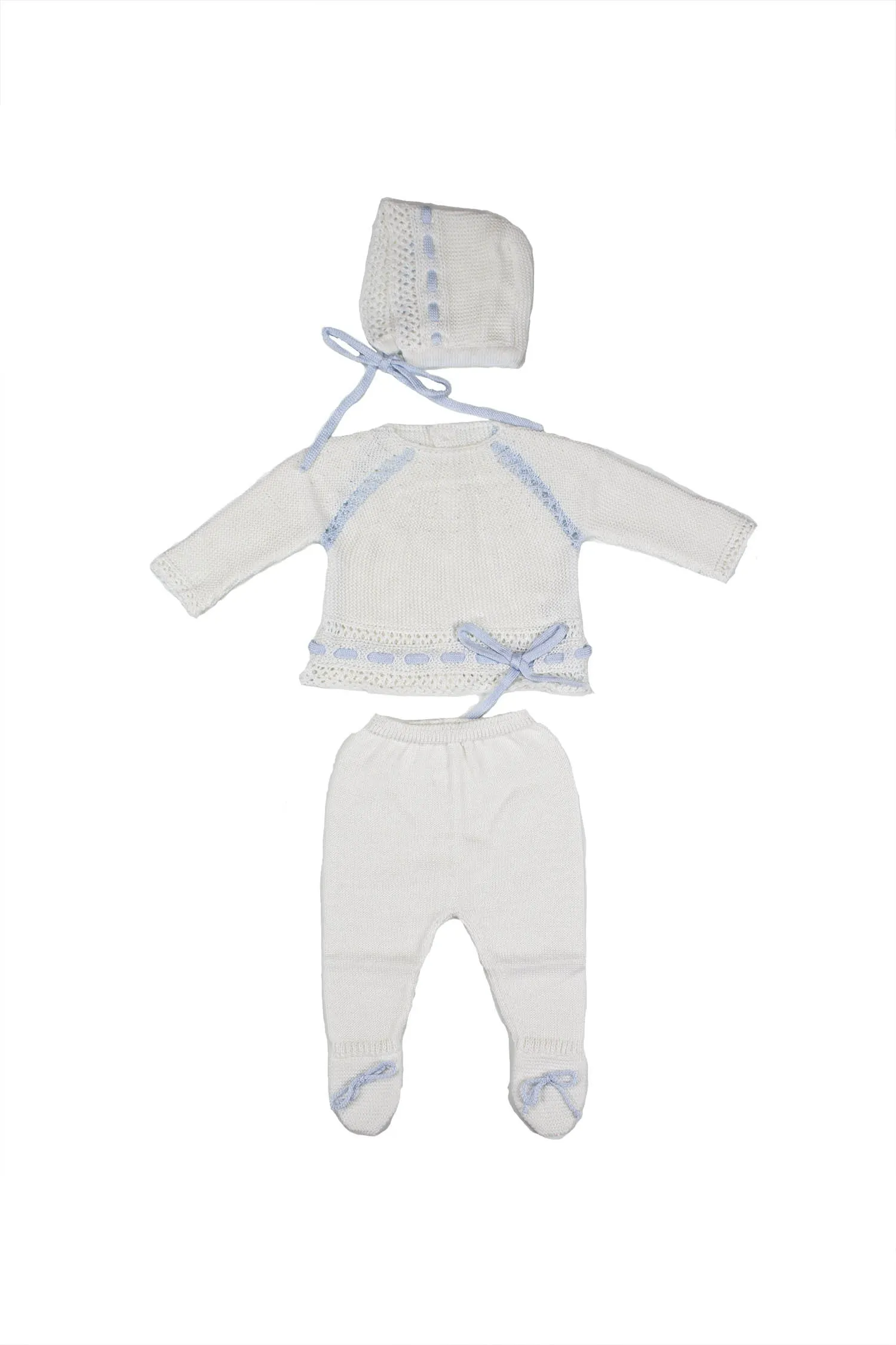 Knit Cotton Newborn White Sweater and Pants,  "Take me home set" Blue lace by Patucos