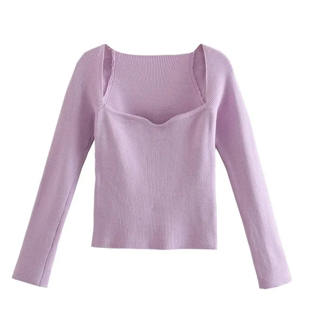 Knit Sweater Pullover Top Long sleeve heart-neck