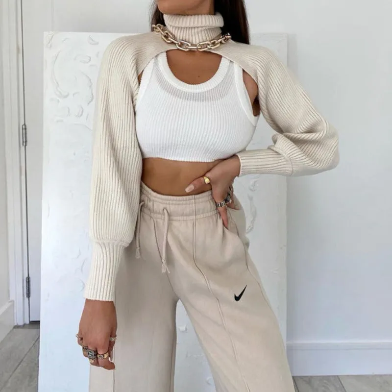 Knitted Crop Shrug Turtleneck Sweater