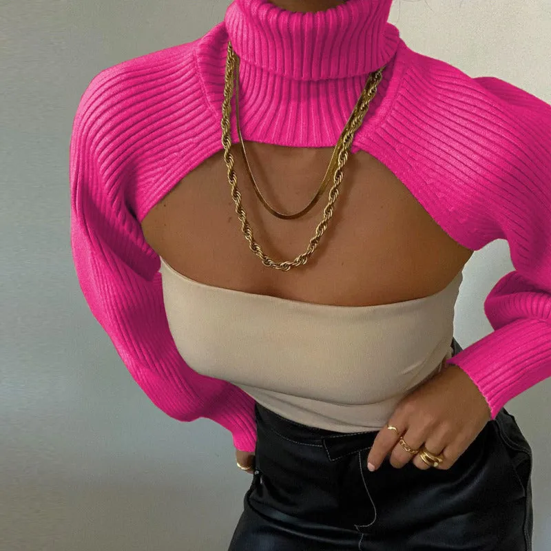 Knitted Crop Shrug Turtleneck Sweater