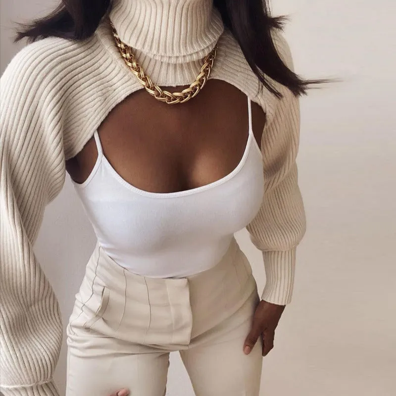 Knitted Crop Shrug Turtleneck Sweater