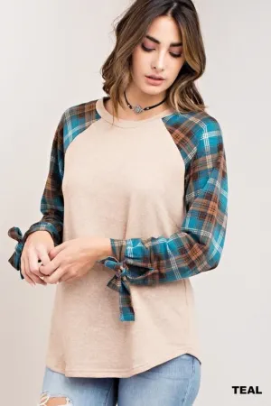 Kori Knit Plaid Sleeve Top - Teal