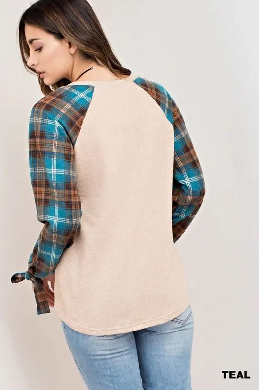 Kori Knit Plaid Sleeve Top - Teal