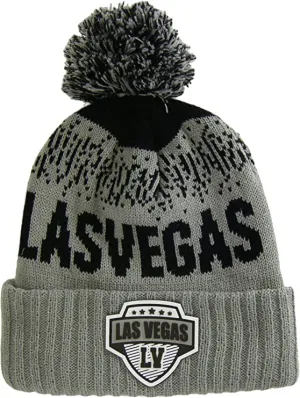 Las Vegas City Name Rubber Patch Ribbed Winter Knit Pom Beanie (Gray/Black)