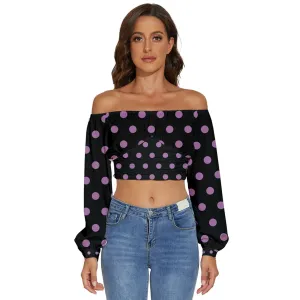 Long Sleeve Crinkled Weave Dots Black Crop Top