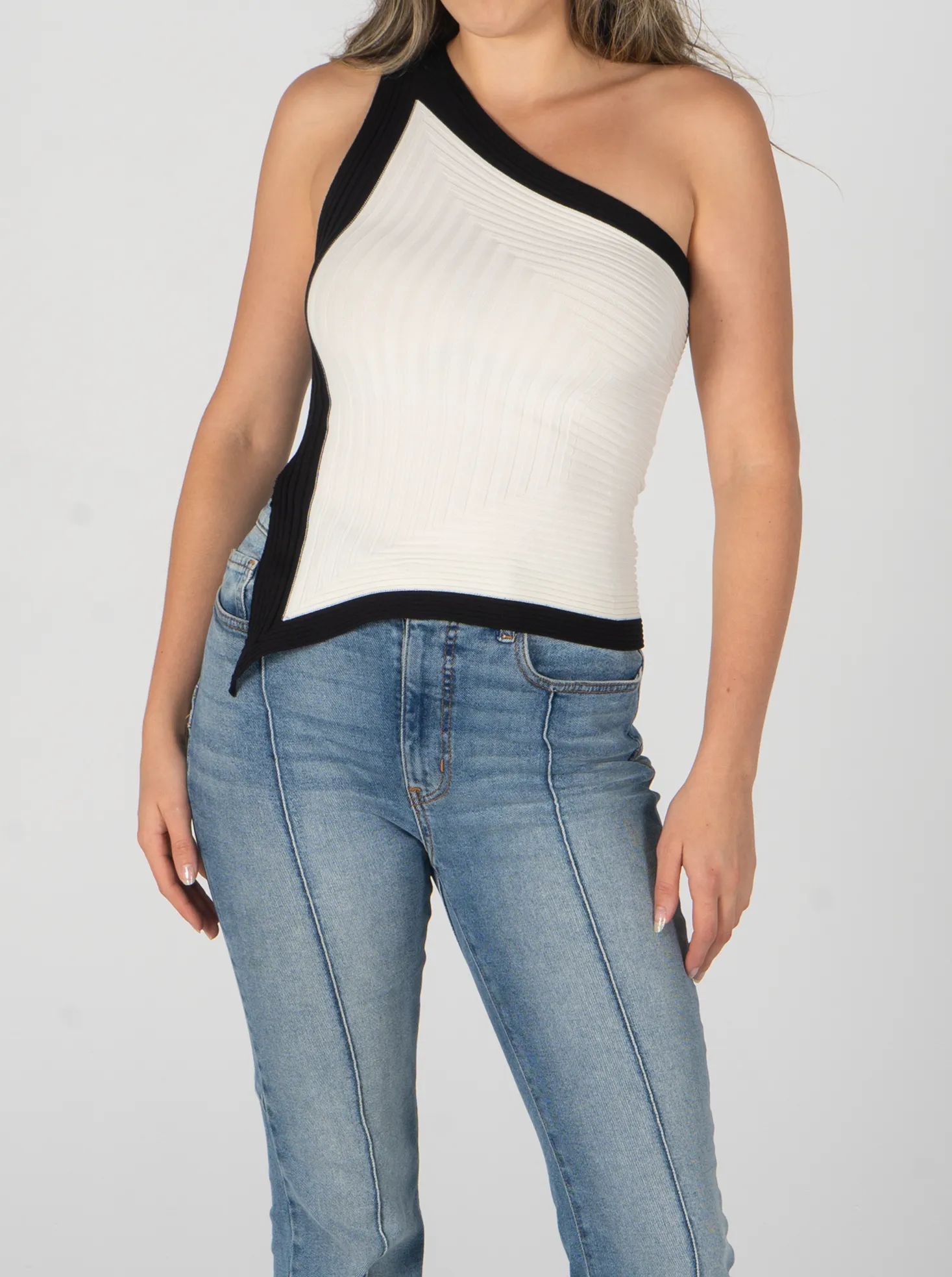 Luna One Shoulder Knit Top- Cream/Black