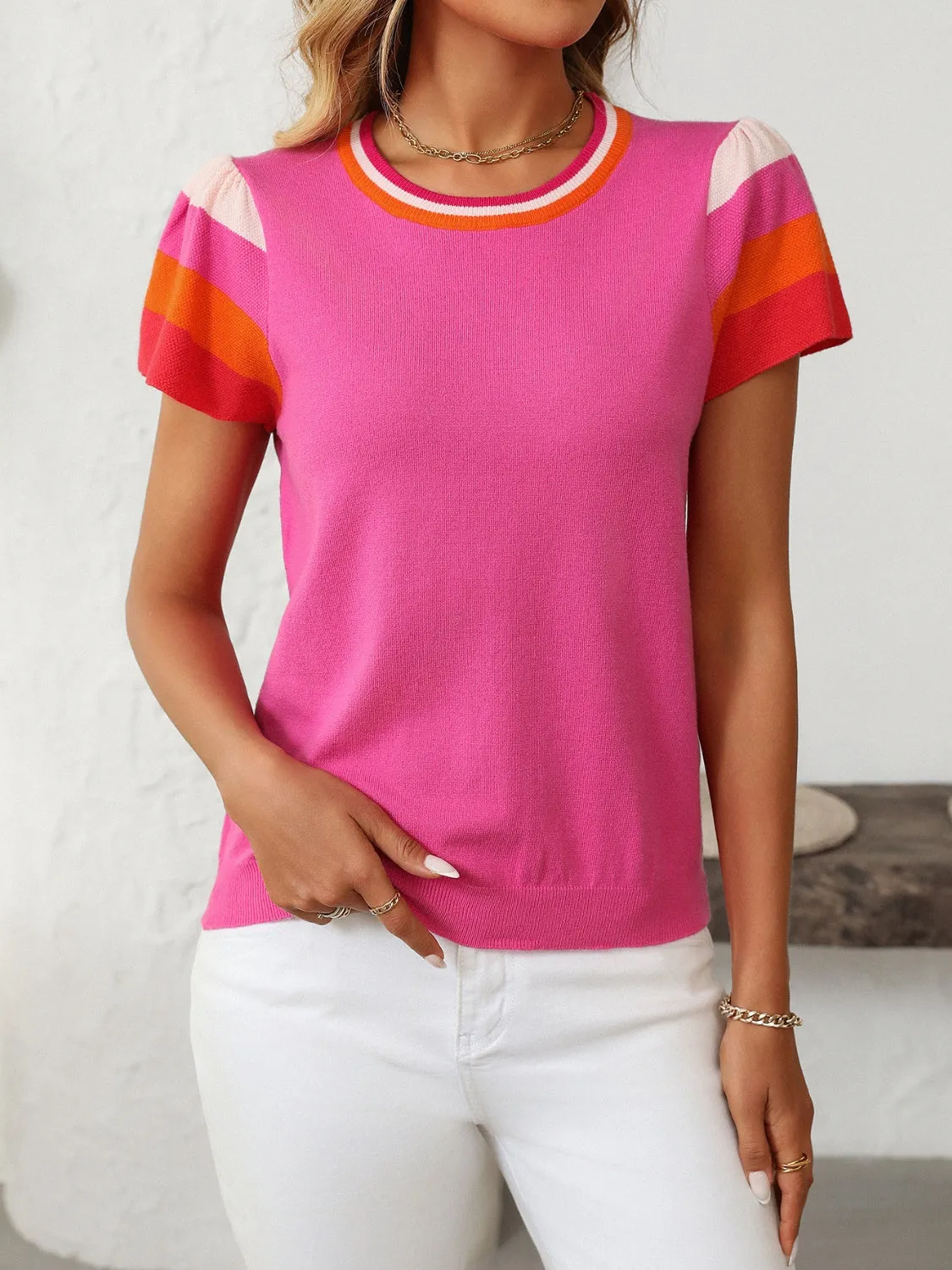 Mandy Contrast Round Neck Short Sleeve Knit Top