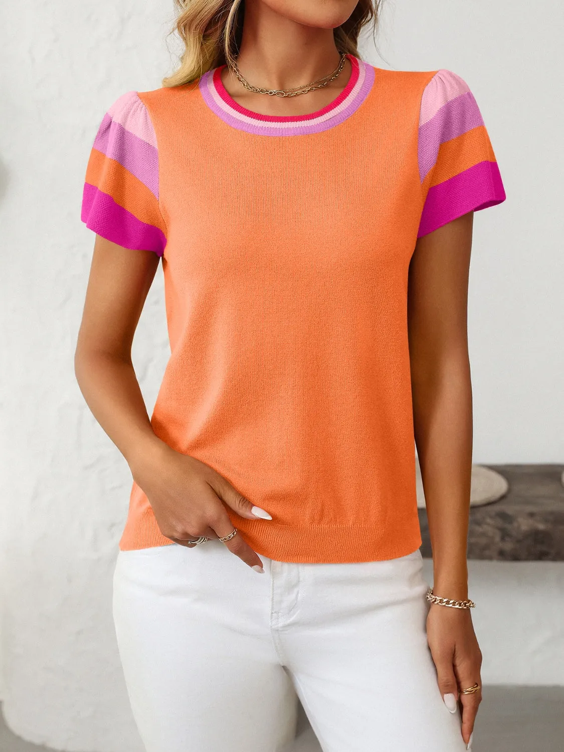 Mandy Contrast Round Neck Short Sleeve Knit Top