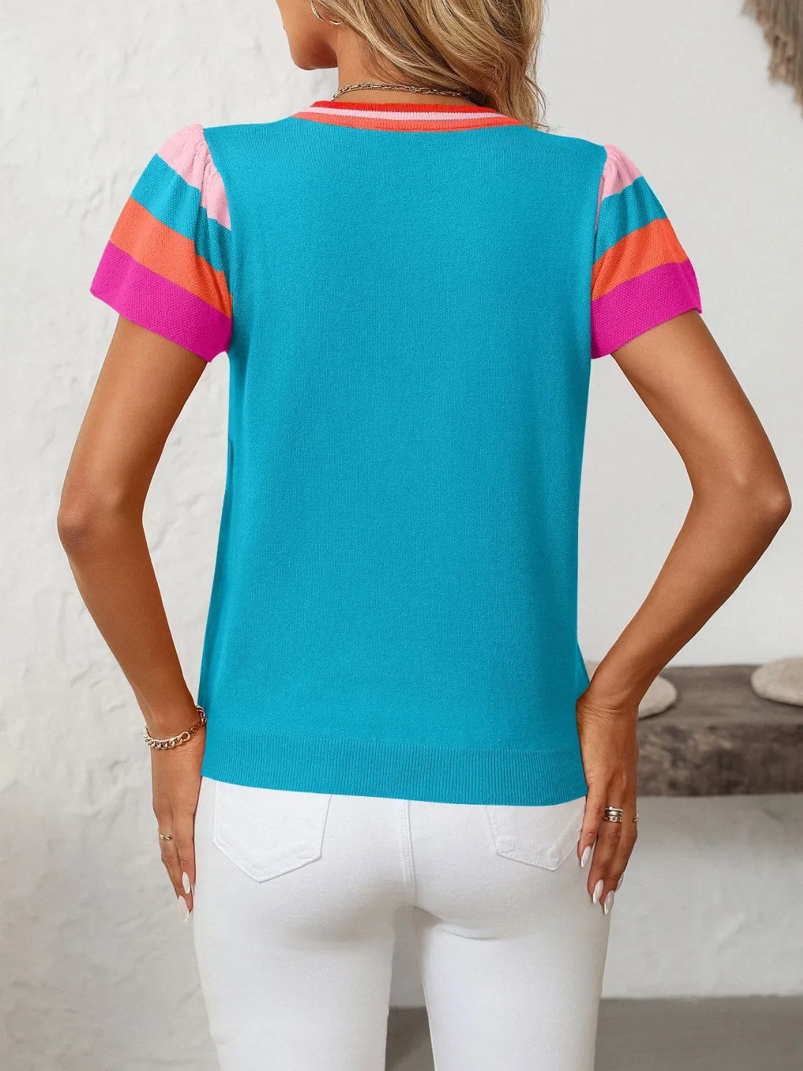 Mandy Contrast Round Neck Short Sleeve Knit Top