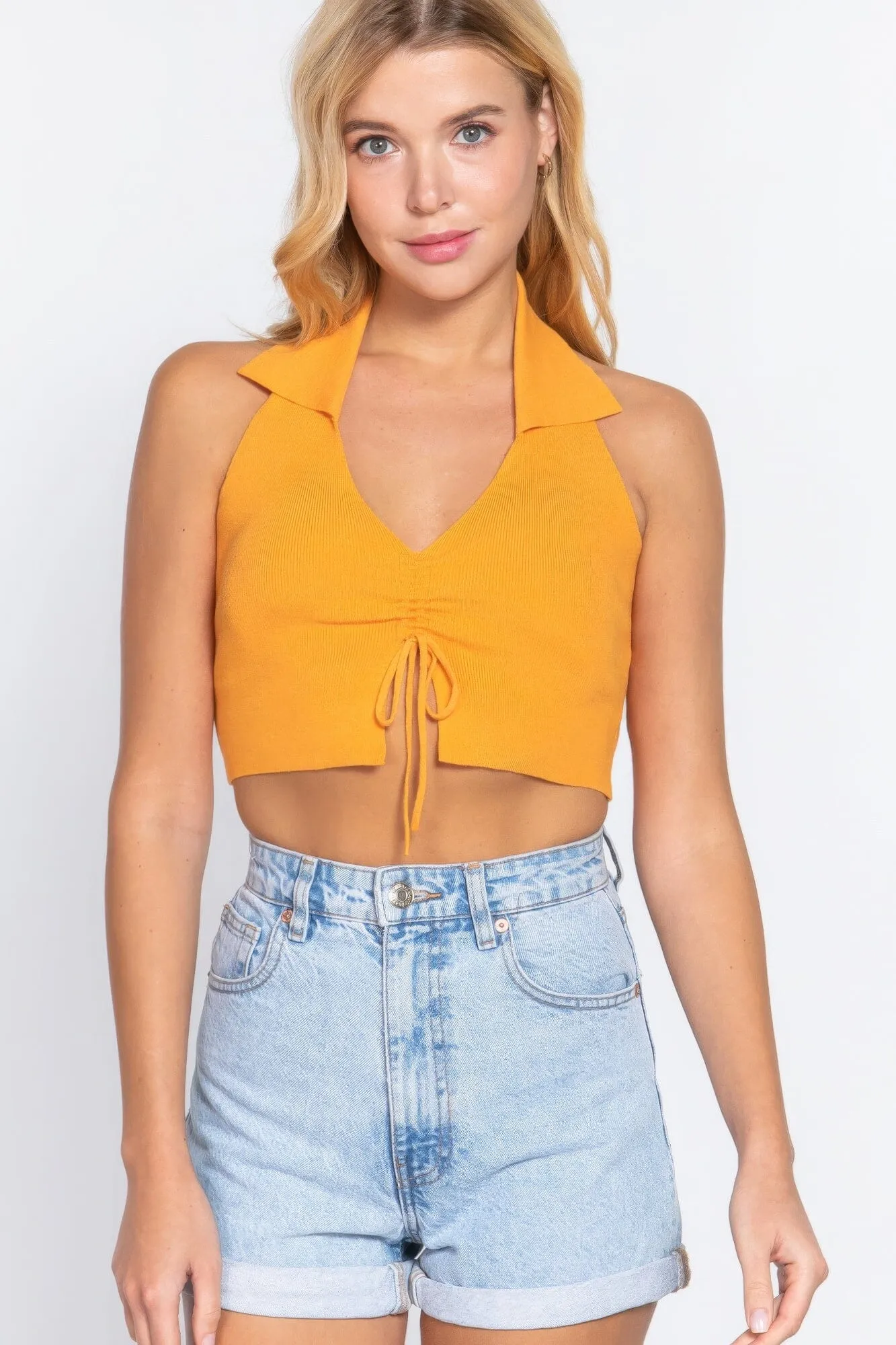 Mango Sherbet Yellow Halter Ruched Crop Sweater Knit Top_