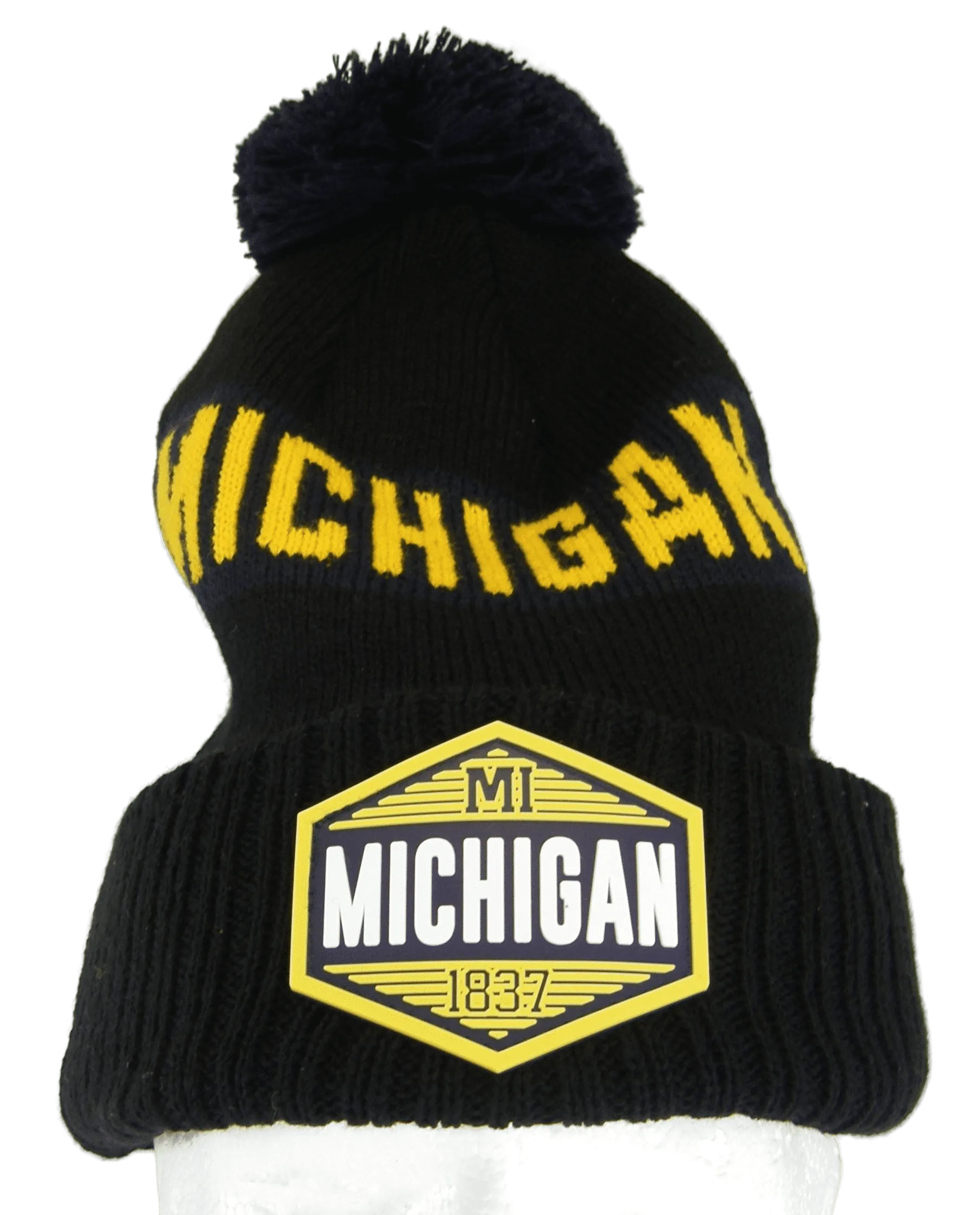 Michigan Winter Knit 3D Rubber Patch Pom Beanie Hat (Black/Navy/Gold)