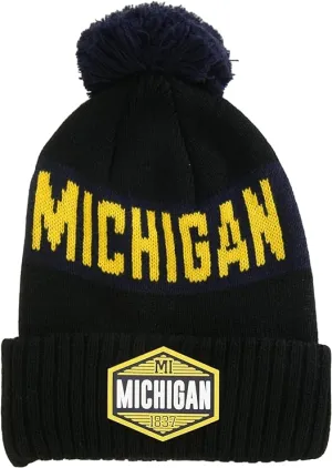 Michigan Winter Knit 3D Rubber Patch Pom Beanie Hat (Black/Navy/Gold)