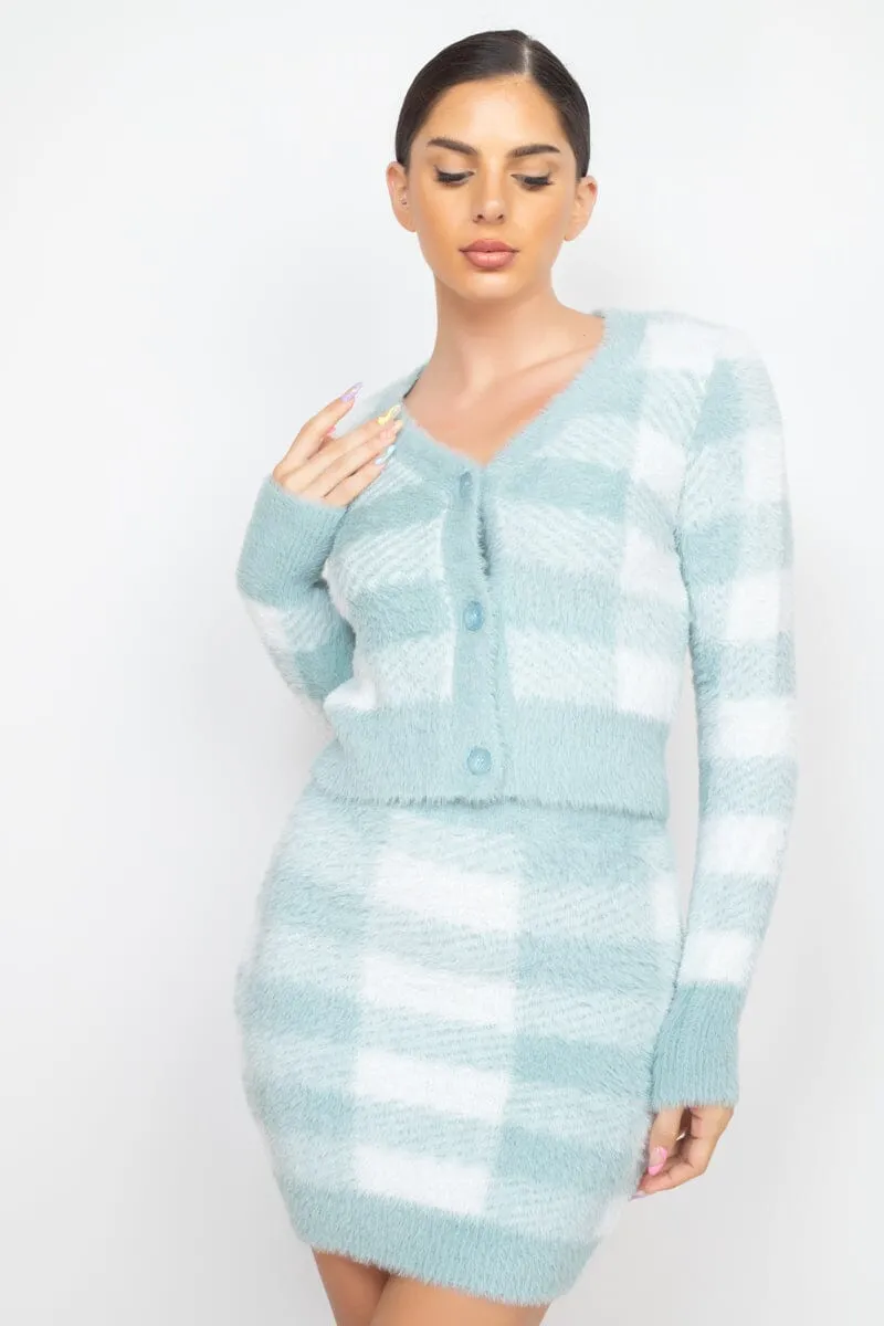 Mint Sage Blue Plaid Front Button Long Sleeve V Neck Crop Sweater Cardigan Top_