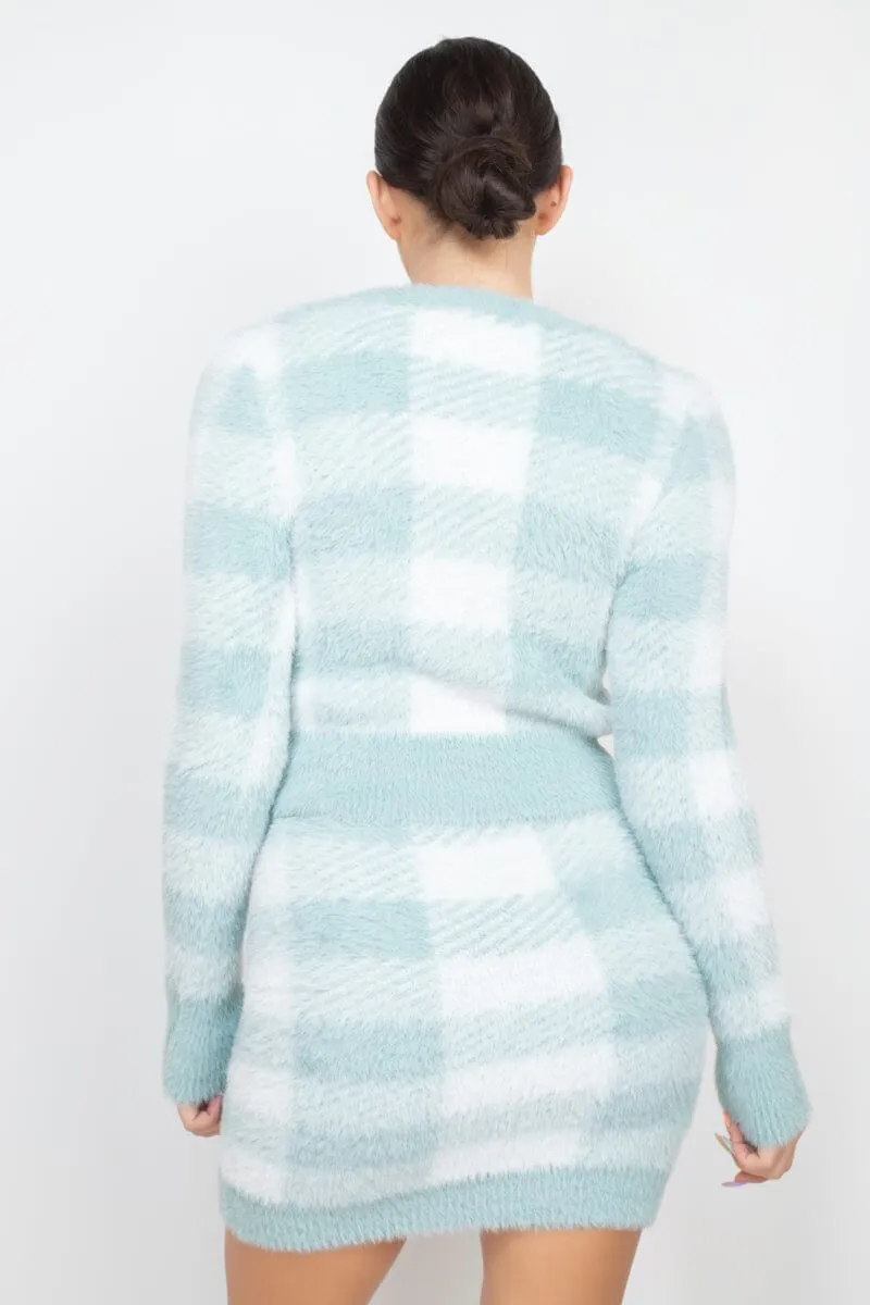 Mint Sage Blue Plaid Front Button Long Sleeve V Neck Crop Sweater Cardigan Top_