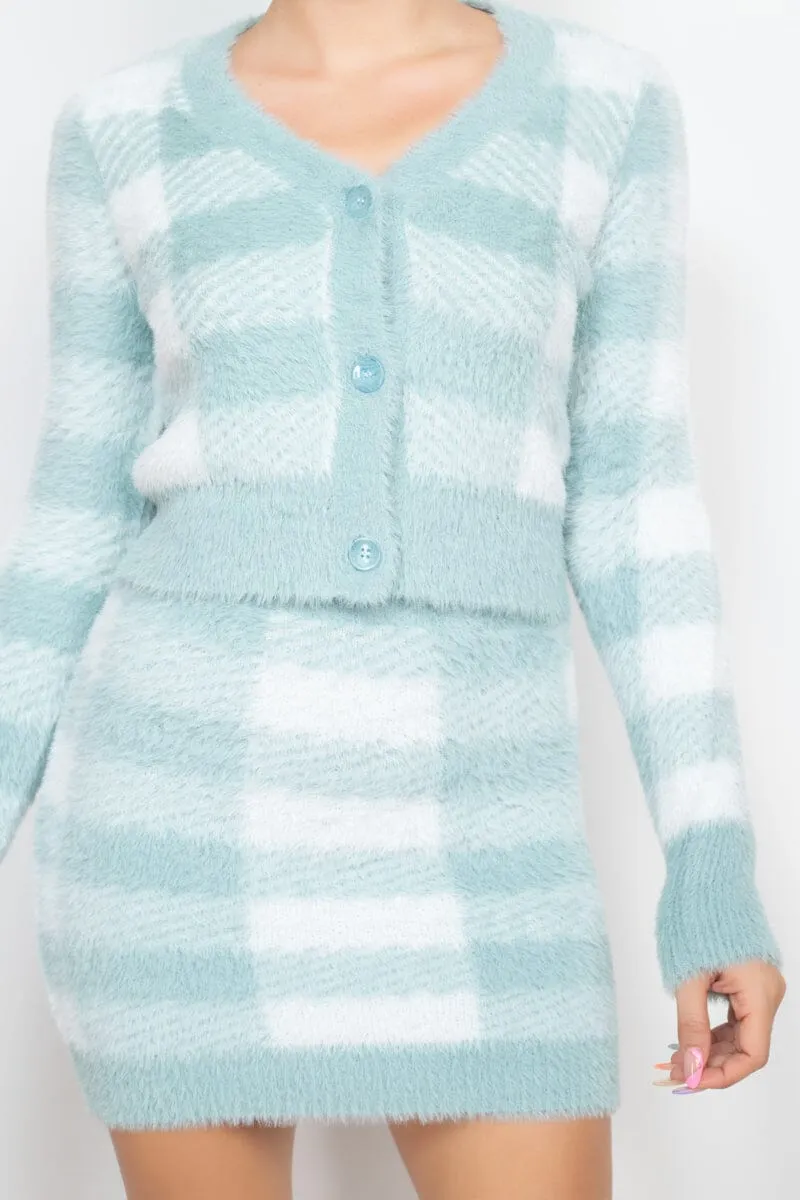 Mint Sage Blue Plaid Front Button Long Sleeve V Neck Crop Sweater Cardigan Top_