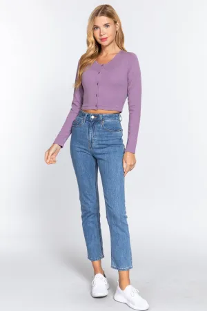 Misty Lavender Purple Button Down Round Neck Long Sleeve Cropped Cardigan Sweaters_