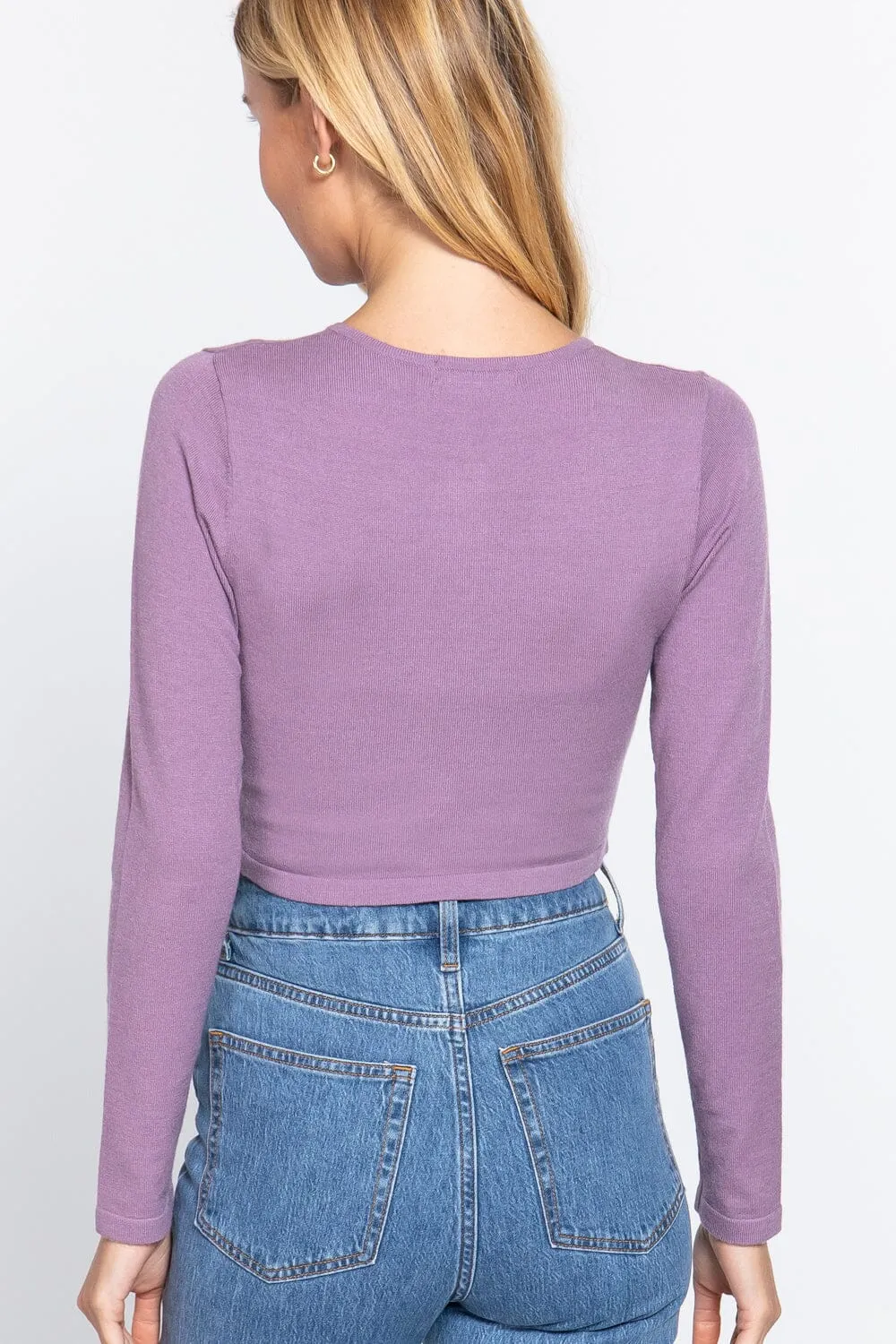 Misty Lavender Purple Button Down Round Neck Long Sleeve Cropped Cardigan Sweaters_