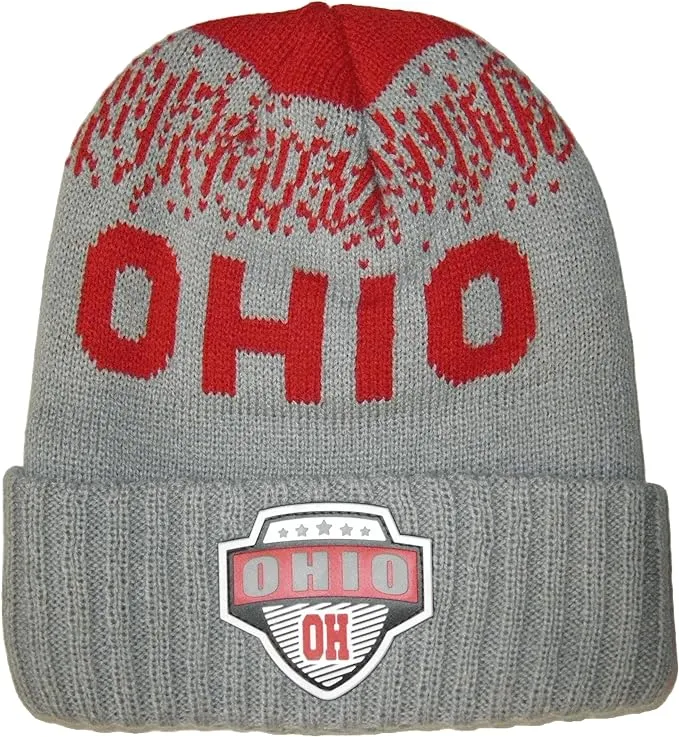 Ohio Rubber Patch Ribbed Winter Knit Pom Beanie (Red/Gray No Pom Pom)