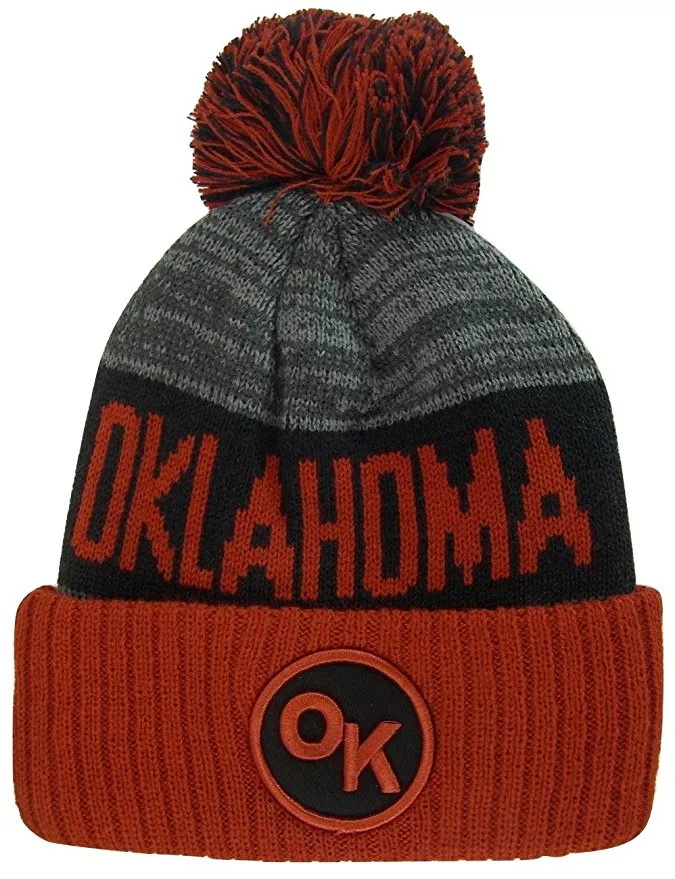 Oklahoma OK Patch Ribbed Cuff Knit Winter Hat Pom Beanie (Burgundy/Black Patch)