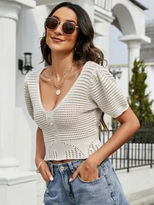 Openwork V-Neck Short Sleeve Knit Top